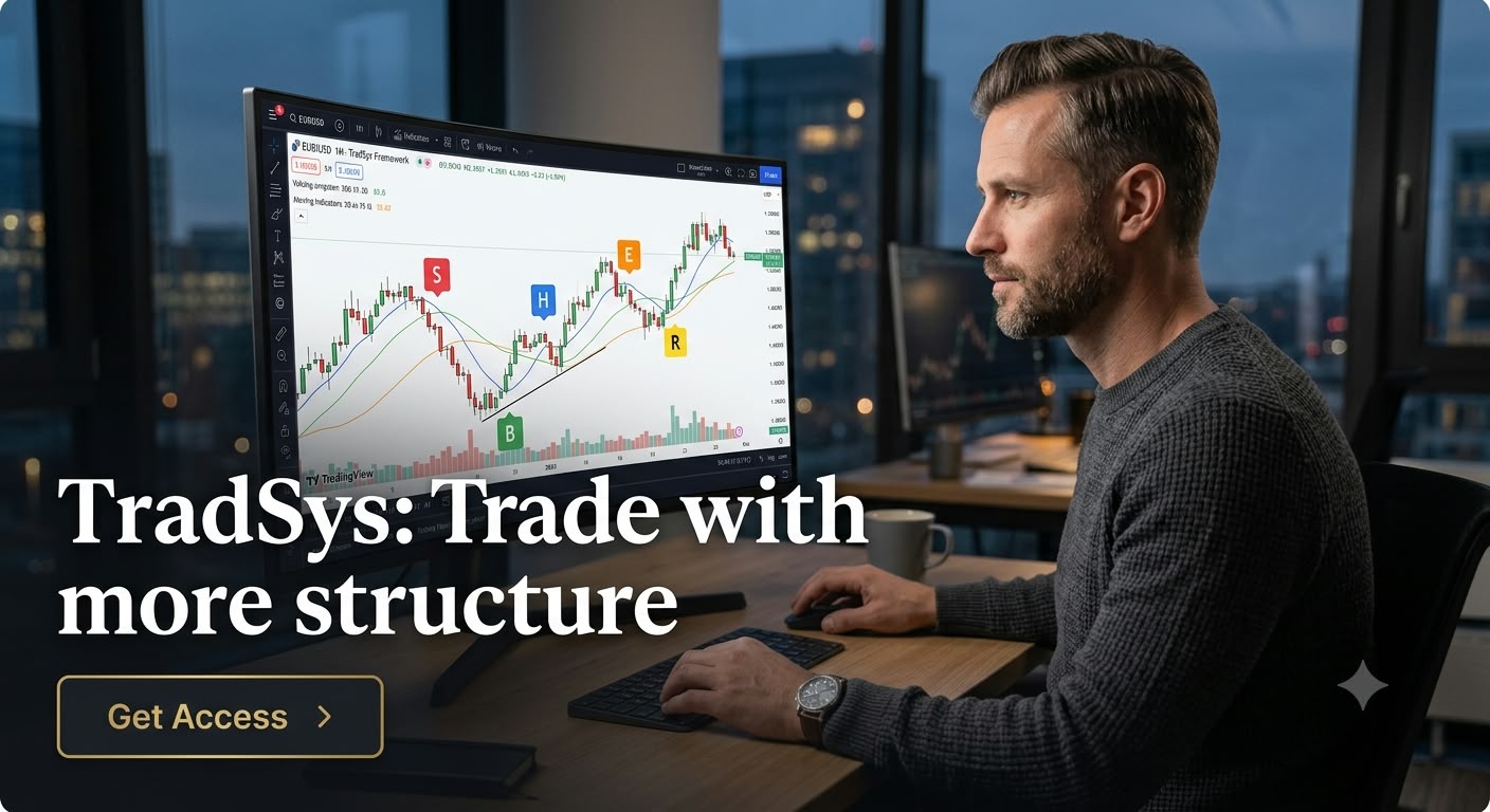 Trader reviewing a TradingView chart with TradSys buy, sell, hold and reversal signals