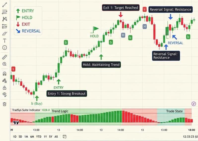 TradingView chart showing TradSys entry, hold, exit and reversal signals across a market session